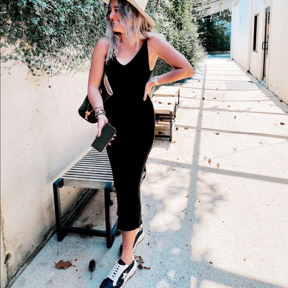 Black Knit Ribbed Midi Dress